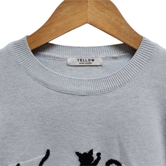 Cat Sweater Womens Sz S M Knit Gray Black Meow Spell Out Crop Stretchy Long Slv - Picture 4 of 10